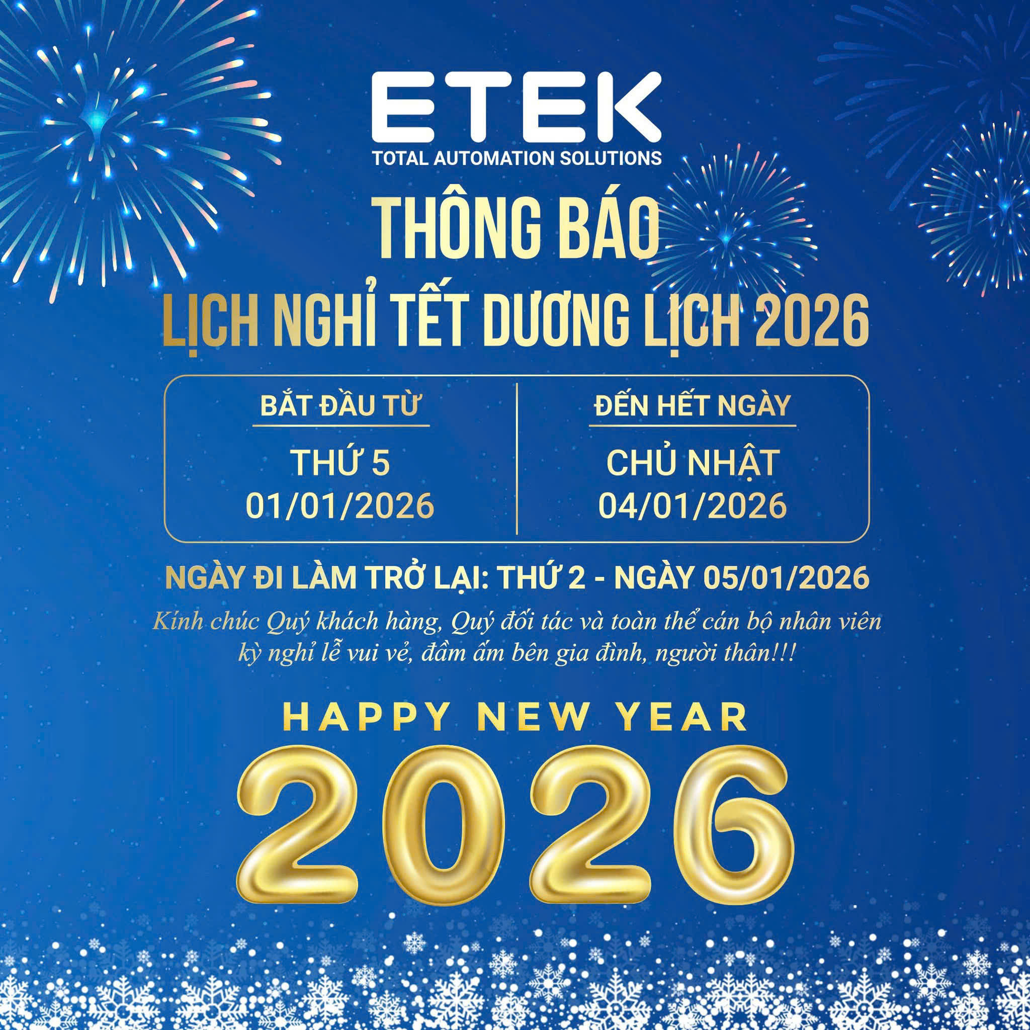 ETEK thống nhất quy định làm việc và chế độ áp dụng trong dịp Tết Dương lịch 2026